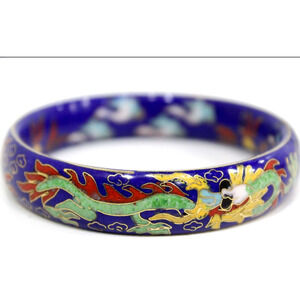 Antique Chinese Cloisonne Blue Yellow and Green Enamel Bracelet with Dragon